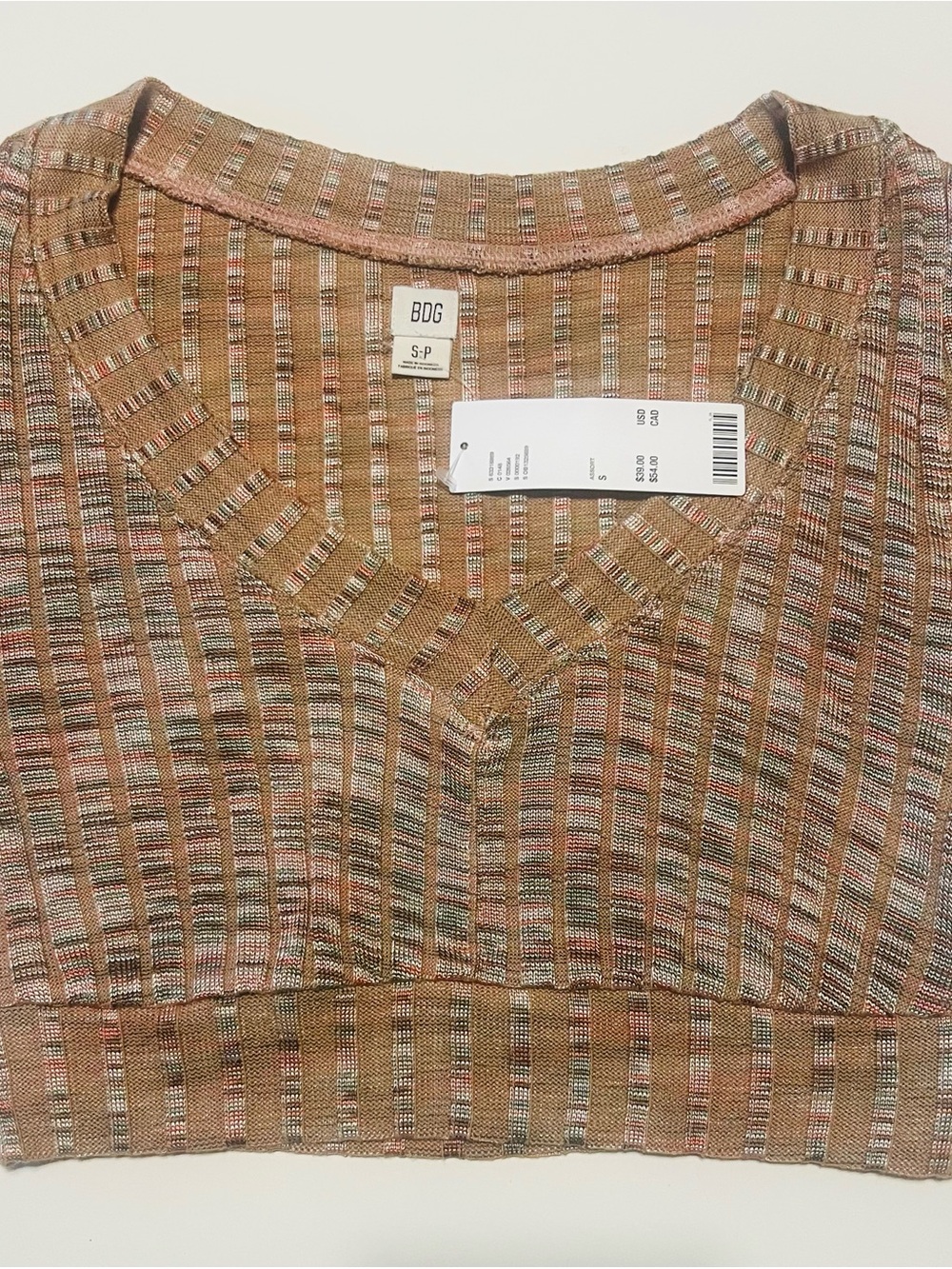 BDG Ribbed V-Neck Crop Top in Tan with Pink & Green Stripes